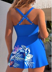 Royal Blue swimwear,Plants swimwear,ROTITA Surplice Royal Blue Tropical Plants Print One Piece Swimdress