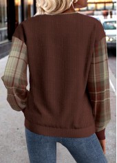 Dark Coffee tops,Plaid tops,ROTITA Button Plaid Dark Coffee Split Neck Long Sleeve Sweatshirt