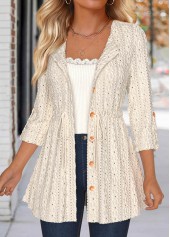 Beige tops,Plain Color tops,ROTITA Lace Beige Round Neck 3/4 Sleeve Coat