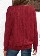 Wine Red tops,Plain Color tops,ROTITA Jacquard Wine Red V Neck Long Sleeve Sweatshirt