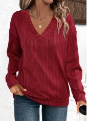 Wine Red tops,Plain Color tops,ROTITA Jacquard Wine Red V Neck Long Sleeve Sweatshirt