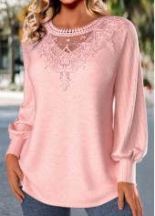 Light Pink tops,Plain Color tops,ROTITA Embroidery Light Pink Round Neck Long Sleeve T Shirt