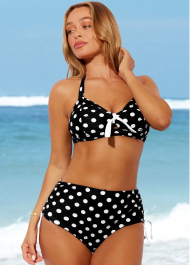 Black swimwear,Dot swimwear,ROTITA Polka Dot Halter High Waisted Black Bikini Set