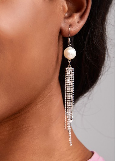 Silvery White jewelry,Plain Color jewelry,Pearl Design Rhinestone Silvery White Earrings