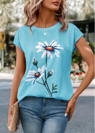 Sky Blue tops,Floral tops,Plants tops,Floral Print Sky Blue Round Neck T Shirt