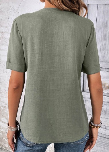Sage Green tops,Plain Color tops,ROTITA Button Sage Green Split Neck Short Sleeve Blouse