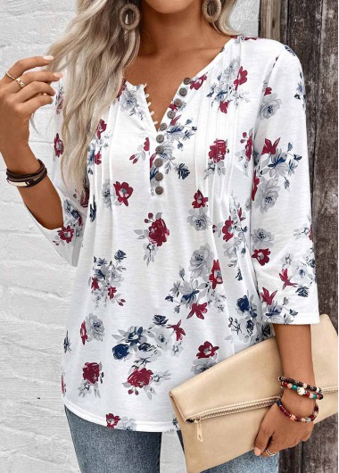 White tops,Floral tops,Plants tops,ROTITA Tuck Stitch Floral Print White Split Neck Blouse