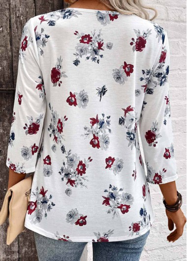 White tops,Floral tops,Plants tops,ROTITA Tuck Stitch Floral Print White Split Neck Blouse