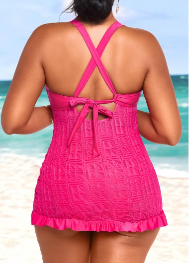 Hot Pink swimwear,Plain Color swimwear,ROTITA Ruffle Hot Pink Mid Waisted Tankini Set