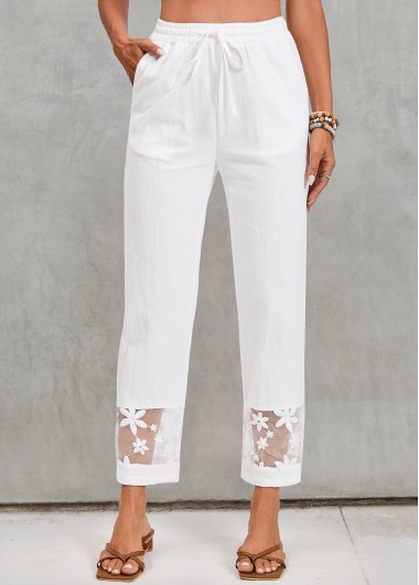 White bottoms,Plain Color bottoms,Pocket White Elastic Waist High Waisted Pants