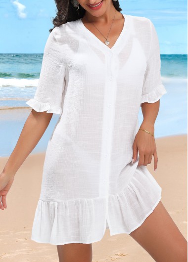 White swimwear,Plain Color swimwear,Lightweight Button Up White Cover Up
