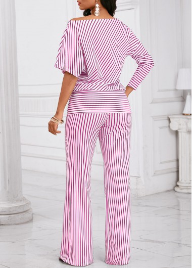 Dark Reddish Purple jumpsuits&rompers,Striped jumpsuits&rompers,Geometric jumpsuits&rompers,Asymmetry Striped Dark Reddish Purple Long Top and Pants