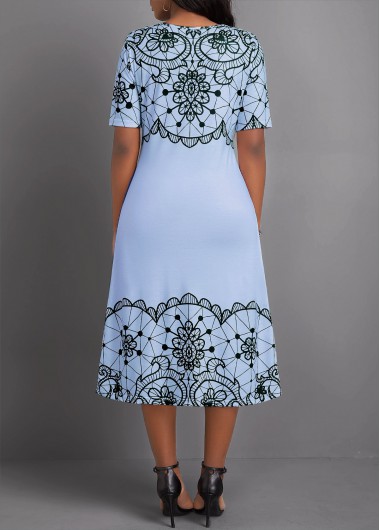 Light Blue dresses,Geometric dresses,Party dresses,Elegant dresses,Geometric Print Light Blue Round Neck Short Sleeve Dress