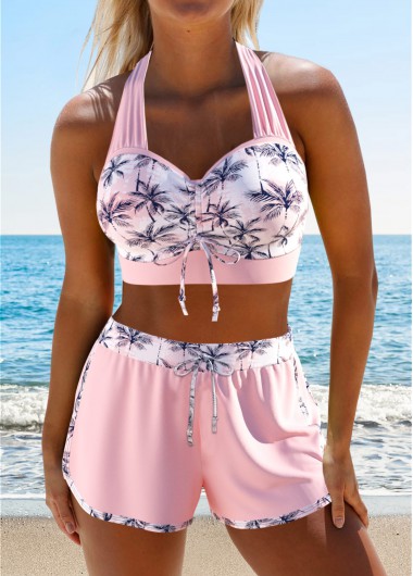 Light Pink swimwear,Plants swimwear,ROTITA Drawstring Light Pink Tropical Plants Print Bikini Set