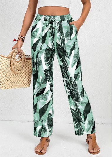 Green bottoms,Tribal bottoms,Ombre bottoms,Pocket Feathers Print Green Elastic Waist High Waisted Pants
