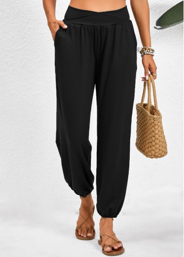 Black bottoms,Plain Color bottoms,Pocket Jogger Elastic Waist High Waisted Black Pants