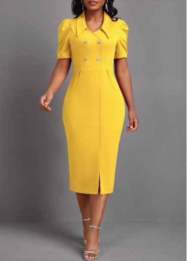 Yellow dresses,Plain Color dresses,Party dresses,Elegant dresses,ROTITA Button Yellow Turn Down Collar Bodycon Dress