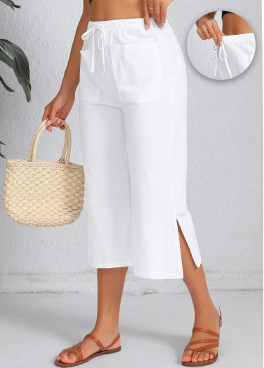 White bottoms,Plain Color bottoms,Pocket White Elastic Waist High Waisted Pants