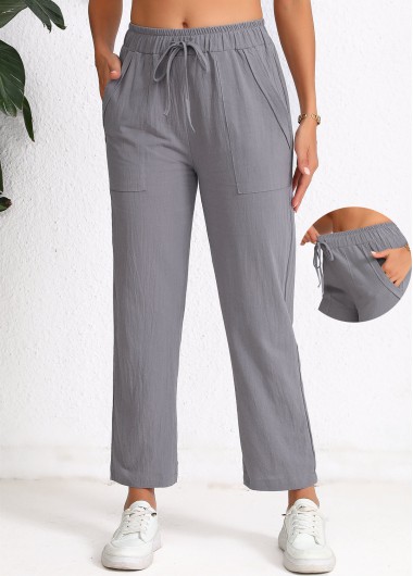 Dark Grey bottoms,Plain Color bottoms,Pocket Elastic Waist High Waisted Dark Grey Pants