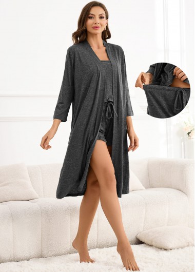 Dark Grey loungewear,Plain Color loungewear,Dark Grey Ruffle Camisole Shorts and Robe