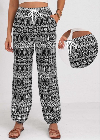 Black bottoms,Tribal bottoms,Geometric bottoms,Drawstring Tribal Print Black Jogger Elastic Waist Pants