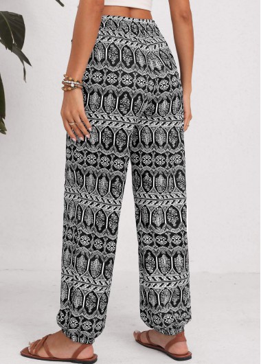 Black bottoms,Tribal bottoms,Geometric bottoms,Drawstring Tribal Print Black Jogger Elastic Waist Pants