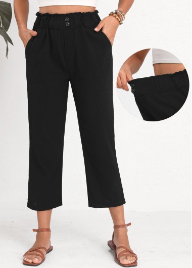 Black bottoms,Plain Color bottoms,Button Black Elastic Waist High Waisted Pants