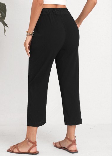 Black bottoms,Plain Color bottoms,Button Black Elastic Waist High Waisted Pants
