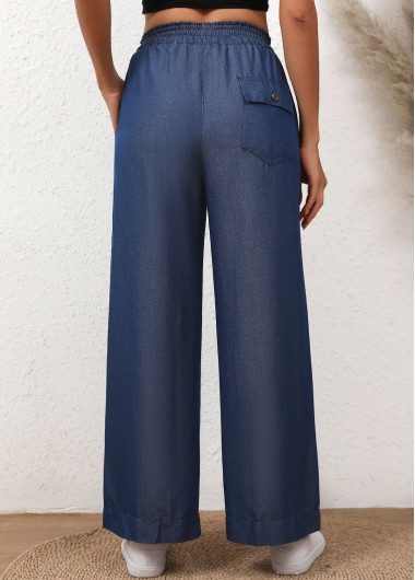 Denim Blue bottoms,Plain Color bottoms,Drawstring Denim Blue Elastic Waist High Waisted Jeans