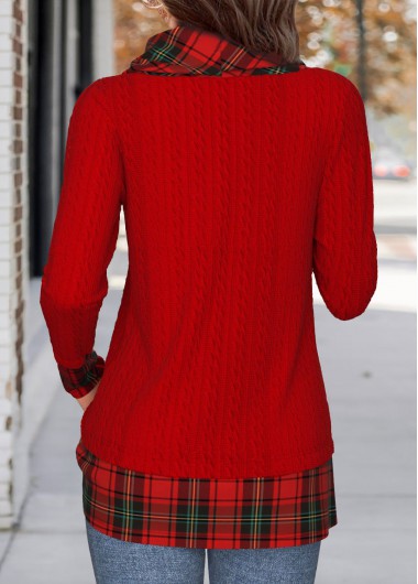 Red tops,Plaid tops,ROTITA Christmas Patchwork Plaid Red Cowl Neck Long Sleeve Sweatshirt