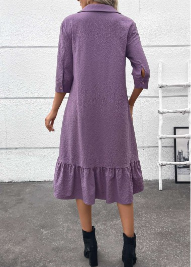 Dusty Purple dresses,Plain Color dresses,Wear to Work dresses,Work dresses,ROTITA Button Dusty Purple Belted A Line Shirt Collar Dress