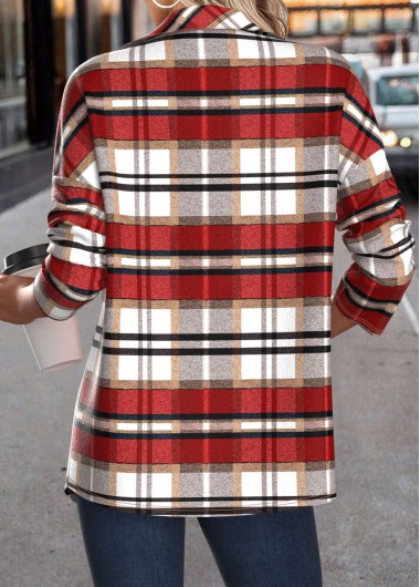 Red tops,Plaid tops,ROTITA Patchwork Plaid Red Turn Down Collar Long Sleeve Coat