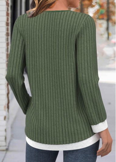 Olive Green tops,Plain Color tops,ROTITA Button Olive Green Round Neck Long Sleeve T Shirt