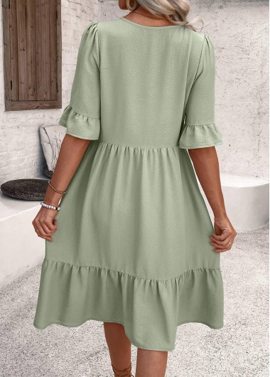 Sage Green dresses,Plain Color dresses,Everyday dresses,Casual dresses,ROTITA Button Sage Green A Line Split Neck Dress
