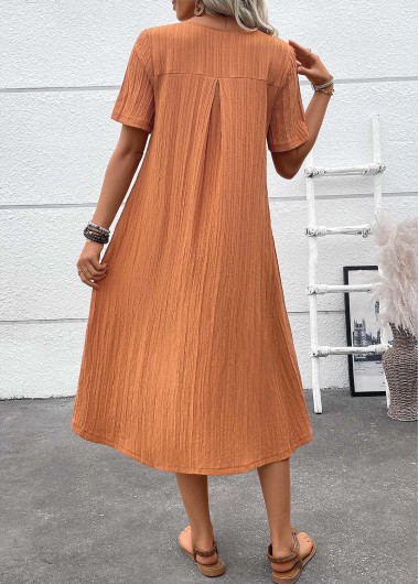 Terracotta dresses,Plain Color dresses,Everyday dresses,Casual dresses,ROTITA Patchwork Terracotta A Line Round Neck Short Sleeve Dress