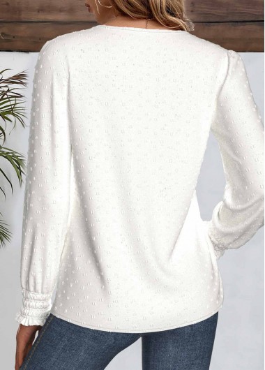 White tops,Plain Color tops,ROTITA Embroidery White Round Neck Long Sleeve Blouse