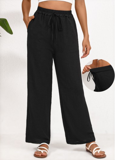 Black bottoms,Plain Color bottoms,Drawstring Black Wide Leg Elastic Waist High Waisted Pants
