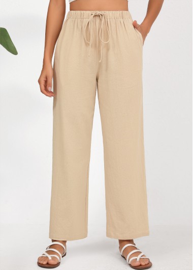 Light Camel bottoms,Plain Color bottoms,Drawstring Light Camel Straight Leg Elastic Waist Pants