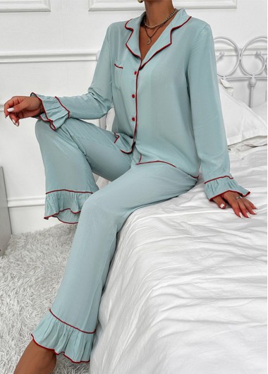 Mint Green loungewear,Contrast Color loungewear,Mint Green Turn Down Collar Lounge Top and Pants