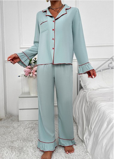 Mint Green loungewear,Contrast Color loungewear,Mint Green Turn Down Collar Lounge Top and Pants