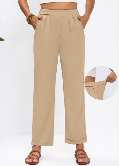 Light Camel bottoms,Plain Color bottoms,Light Camel High Waisted Straight Leg Elastic Waist Pants