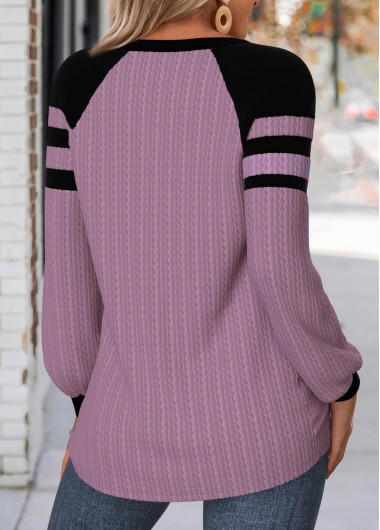 Light Purple tops,Contrast Color tops,ROTITA Button Light Purple Round Neck Long Sleeve Sweatshirt