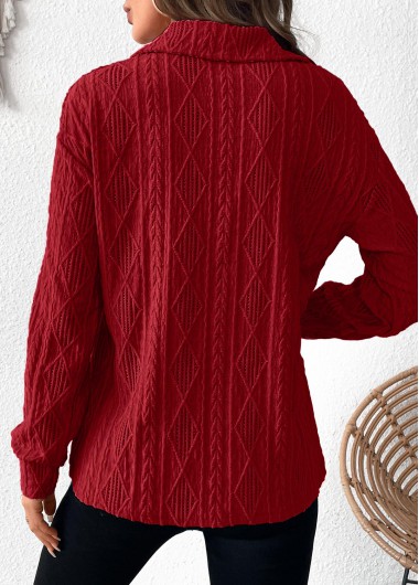 Wine Red plus size,Plain Color plus size,ROTITA Lace Wine Red Turn Down Collar Long Sleeve Blouse