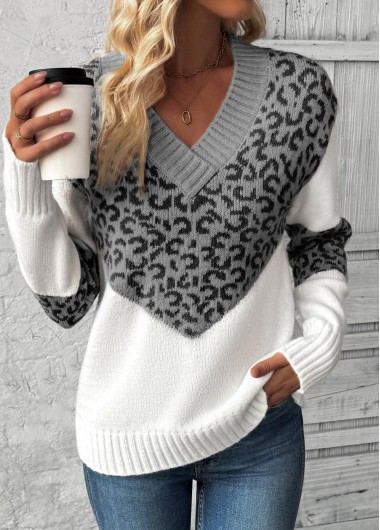 Grey tops,Leopard tops,Animal Print tops,Patchwork Leopard Grey V Neck Long Sleeve Sweater