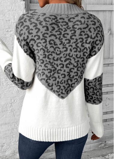 Grey tops,Leopard tops,Animal Print tops,Patchwork Leopard Grey V Neck Long Sleeve Sweater