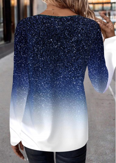 Blue plus size,Ombre plus size,ROTITA Plus Size Patchwork Blue Ombre Round Neck T Shirt