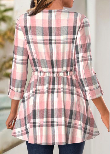 Pink tops,Plaid tops,Geometric tops,ROTITA Button Plaid Pink Long Sleeve Coat