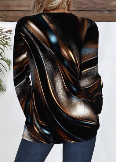 Dark Coffee tops,Dazzle Colorful tops,ROTITA Dazzle Colorful Print Dark Coffee Round Neck T Shirt