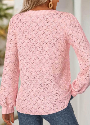 Light Pink tops,Plain Color tops,ROTITA Jacquard Light Pink V Neck Long Sleeve T Shirt