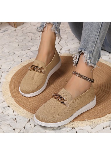 Light Camel shoes,Plain Color shoes,Chain Detail Light Camel Closed Toe Falts